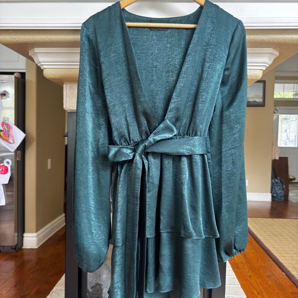 Majorelle Satin Emerald green tiered v neck wrap mini dress‎ wedding holiday